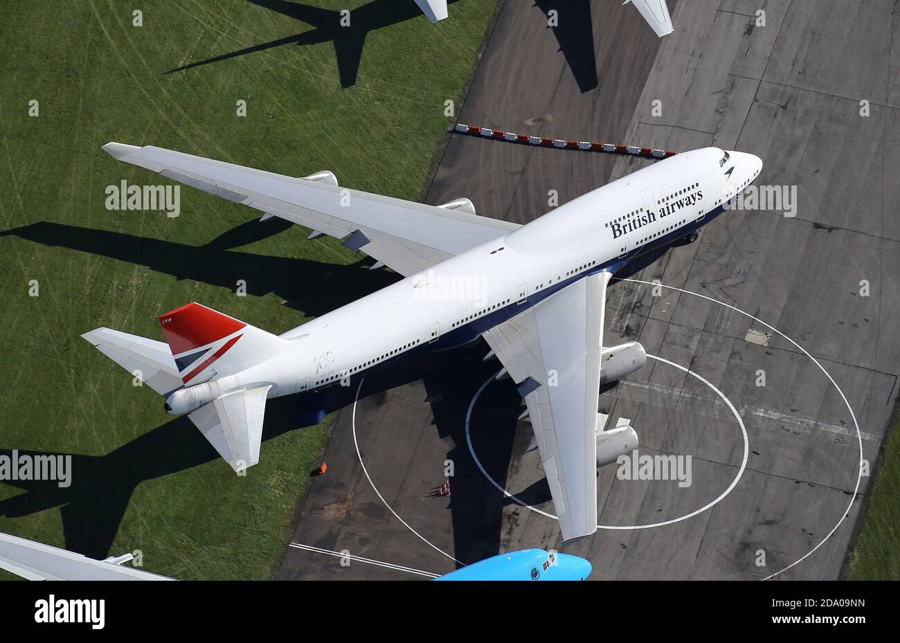 Aerial view of British Airways Boeing 747-400 Jumbo Jets at Cardiff Airport prior to making their final flight to be parted out. Stock Photo