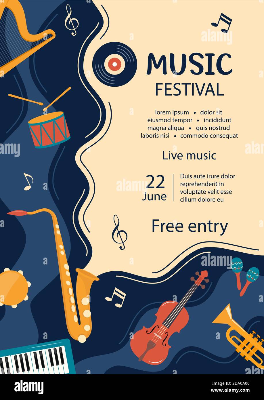 Music festival invitation. Musical flyer, poster template. Musical instruments and vinyl record. Guitar, synthesizer, violin, cello, drum, cymbals, sa Stock Vector