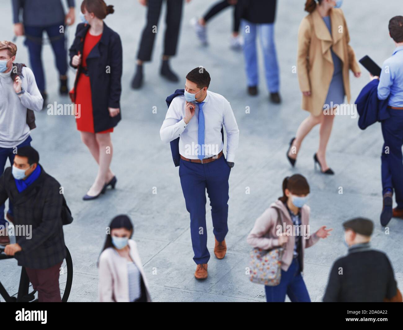 View some people with surgical masks from above. Concept of dangerous subject regarding terrorism, pandemic, coronavirus contagion, individual Stock Photo