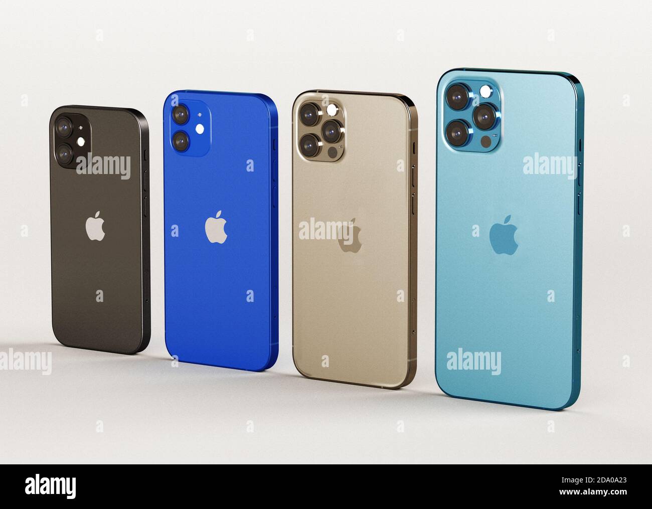 ITALY -01 NOVEMBER, 2020: Iphone 12, 12 Mini, 12 Pro and 12 Max smartphones on white background. Latest Apple Mobile iphones model. Illustrative Stock Photo