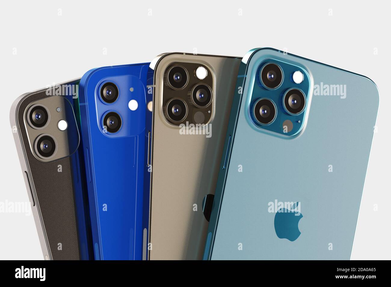 ITALY -01 NOVEMBER, 2020: Iphone 12, 12 Mini, 12 Pro and 12 Max smartphones on white background. Latest Apple Mobile iphones model. Illustrative Stock Photo