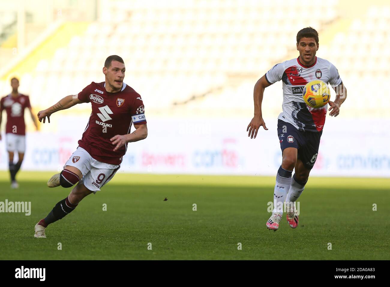 Andrea Belotti of Torino FC and Lisandro Magall‡n of FC Crotone  during the Serie A match between Torino FC and Crotone FC at Olympic Grande Torino St Stock Photo