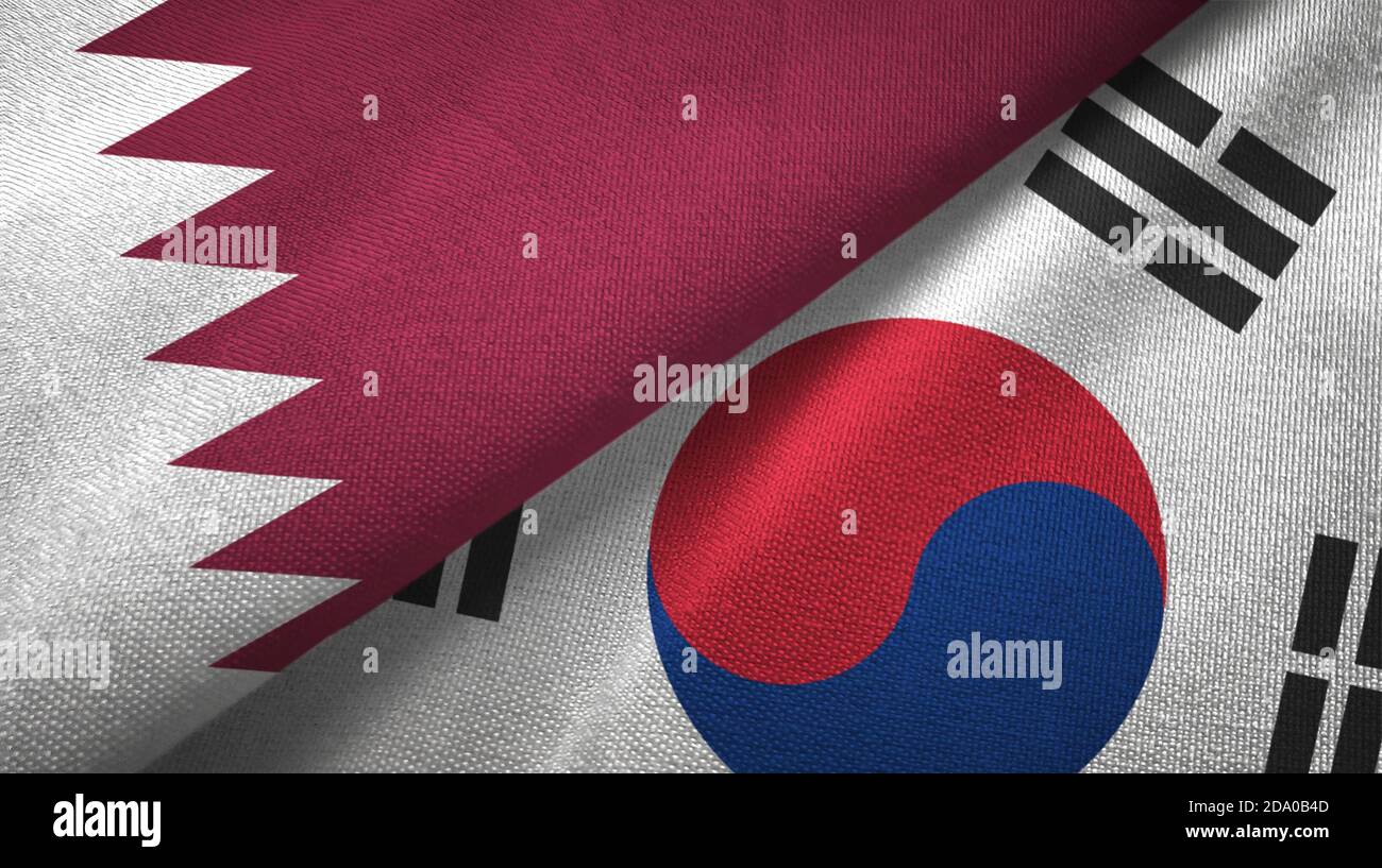 Qatar and South Korea two flags textile cloth, fabric texture Stock Photo