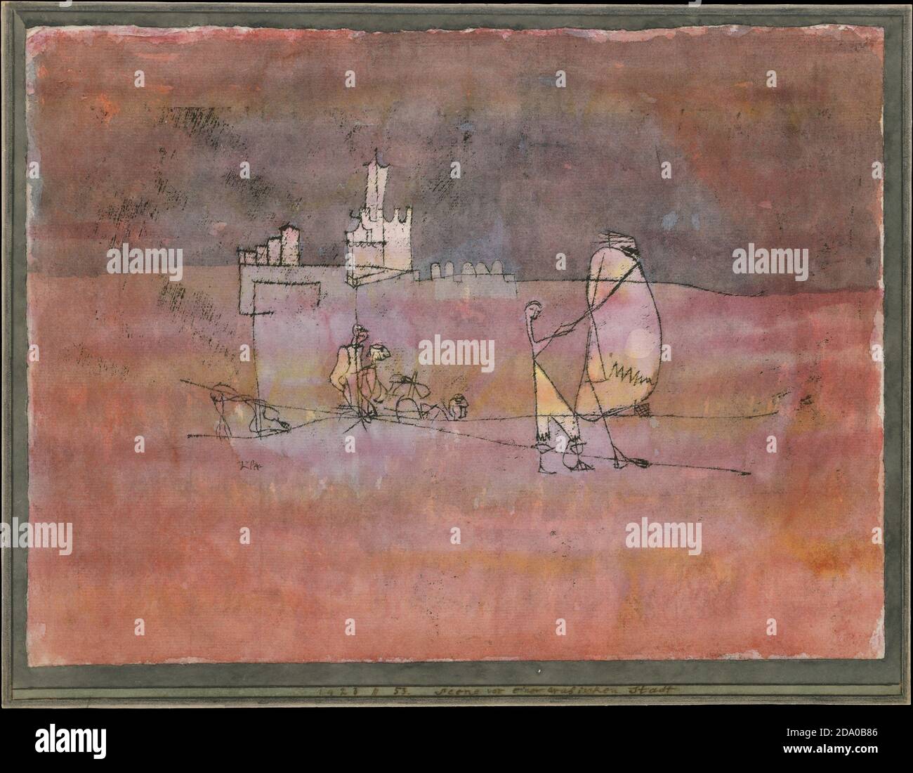 Paul Klee art. Episode Before an Arab Town. Hi res painting. Watercolor and transferred printing ink on paper, bordered with gouache and ink. 1923. Stock Photo