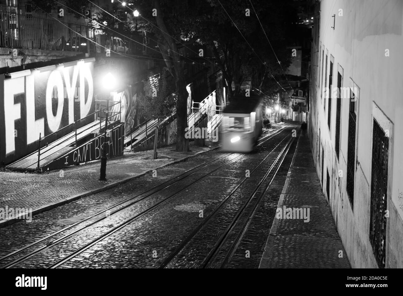 Lisbon, Portugal -October 25: 'Floyd - I Can't Breath. RIP George Floyd' graffiti by unknow artist at Ascensor da Gloria (Elevador da Gloria) in Lisbo Stock Photo