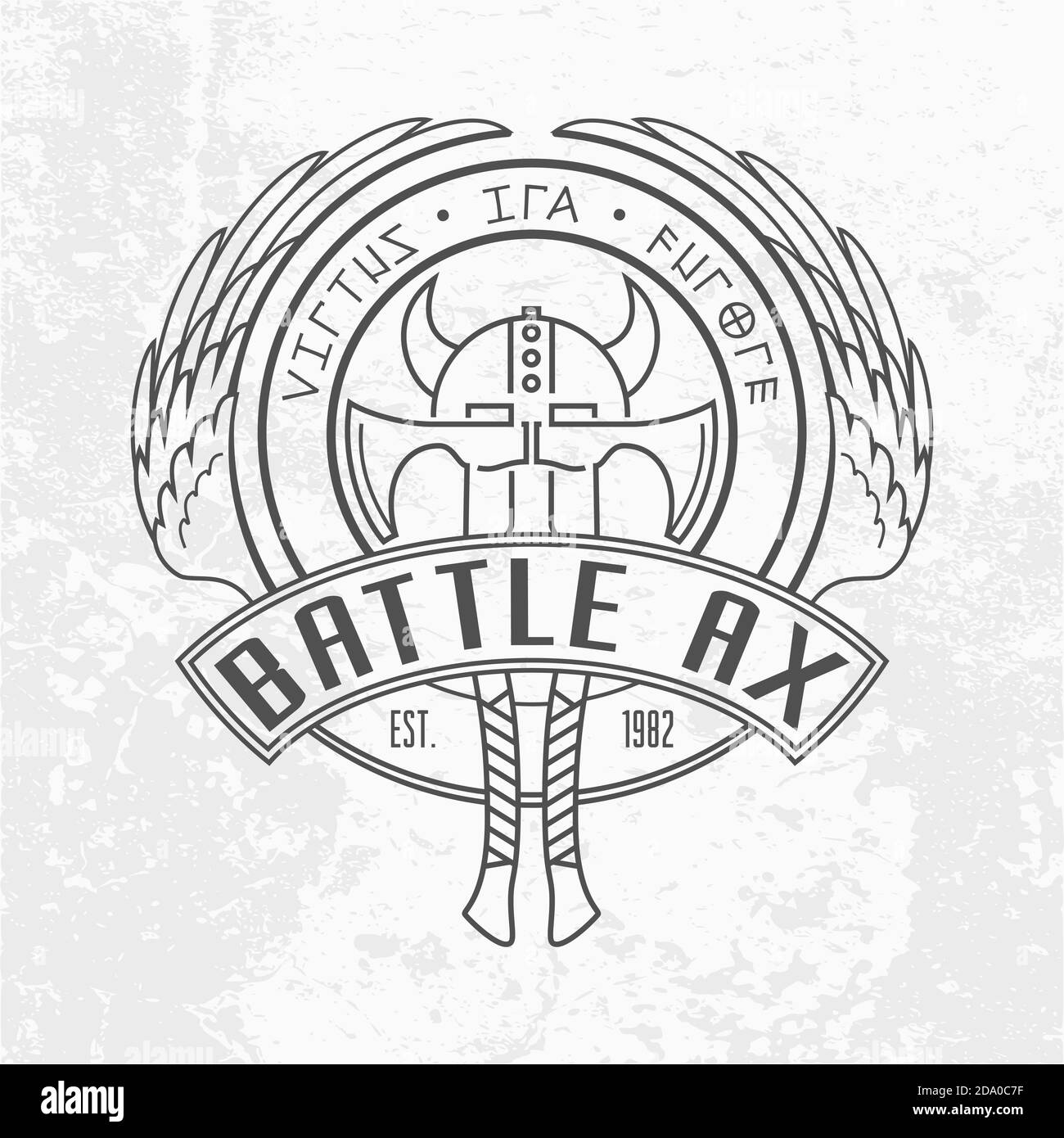 Two viking battle axes and horned helmet linear logo design. Round shield with Valkyrie wings. Military emblem on light grey wall background. Stock Vector