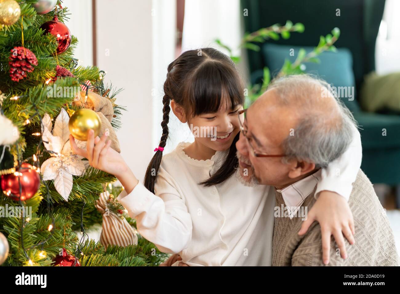 Little girl decorating a Christmas tree with her grandfather. They decorating the Christmas tree prepare for season greeting of Merry Christmas. Multi Stock Photo