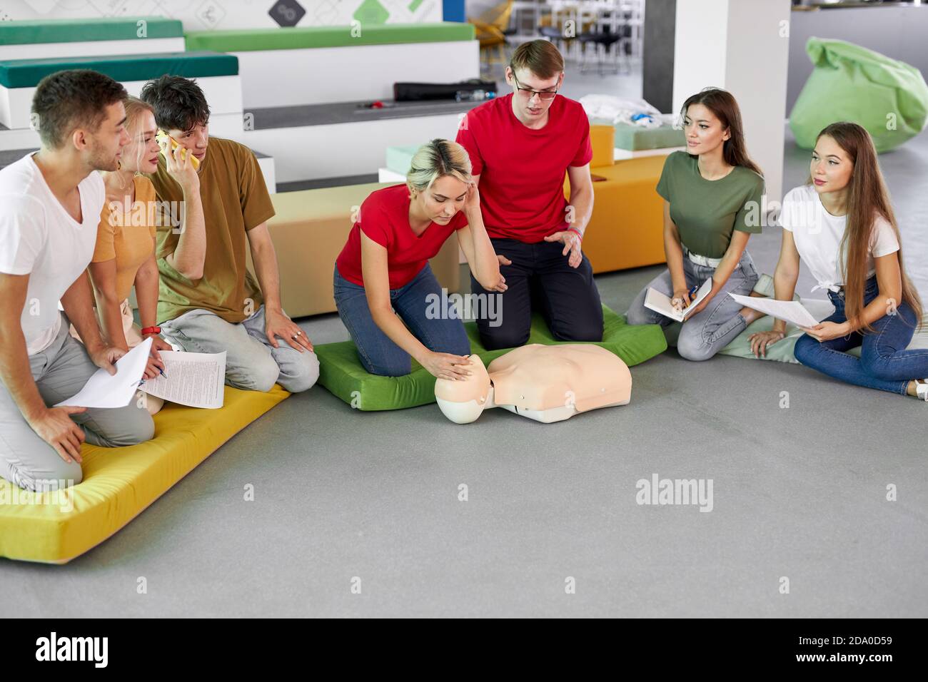 professional safety instructor show exercises, manipulations of first ...