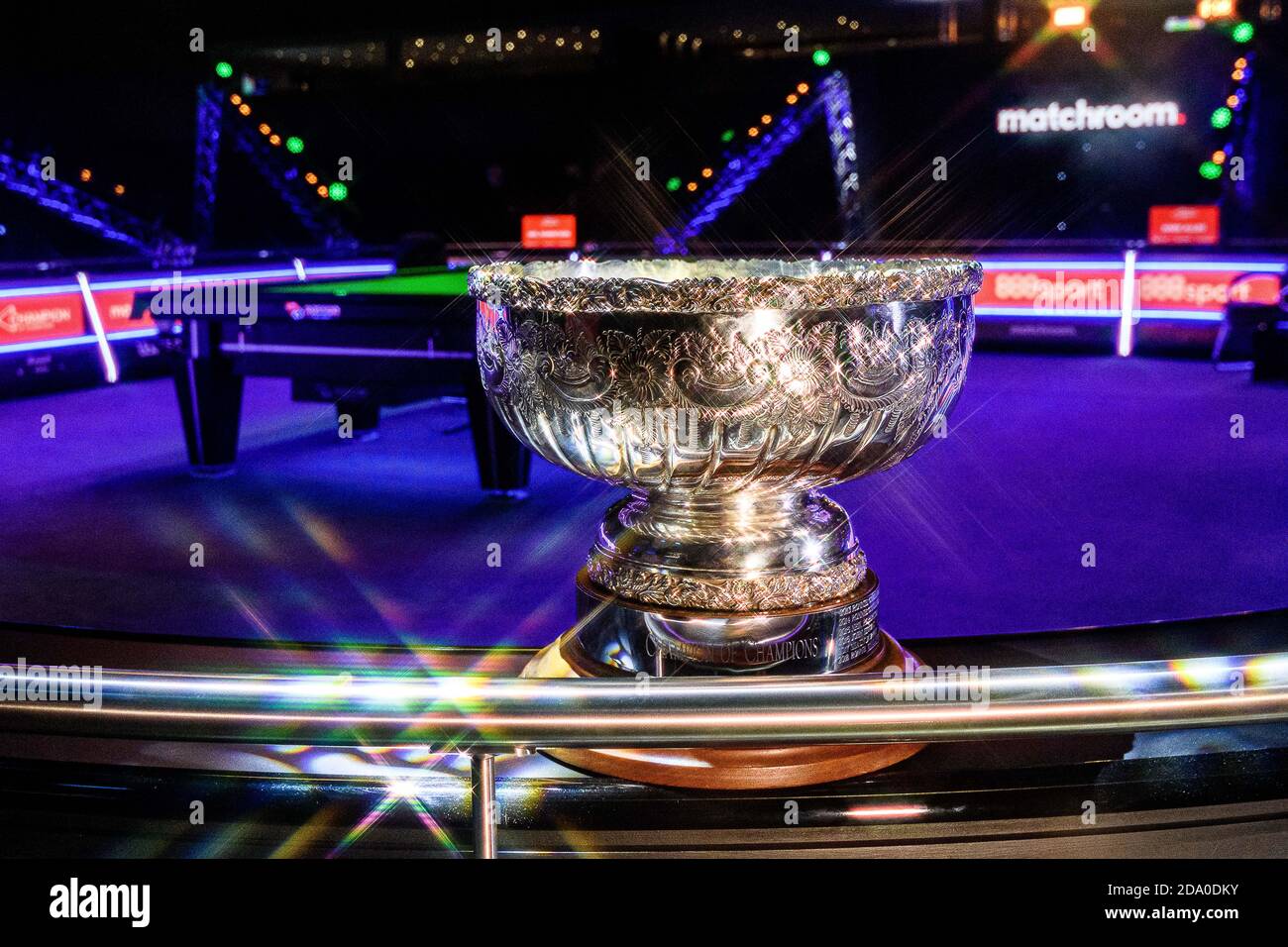 MILTON KEYNES, UNITED KINGDOM. 08th Nov, 2020. The Champion of Champions  Snooker Trophy is displayed during 2020 888Sport Champion of Champions  Snooker Final at Marshall Arena on Sunday, November 08, 2020 in
