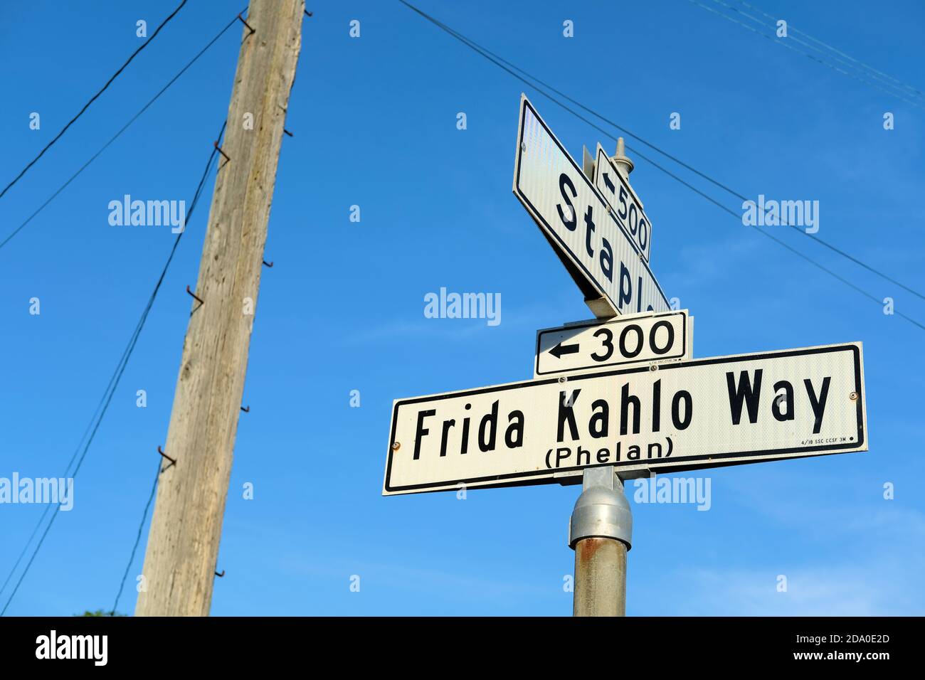 Frida Kahlo Way street sign (formerly Phelan Avenue) in San Francisco, California, USA; Kahlo lived in the city in the 1930s with husband Diego Rivera. Stock Photo