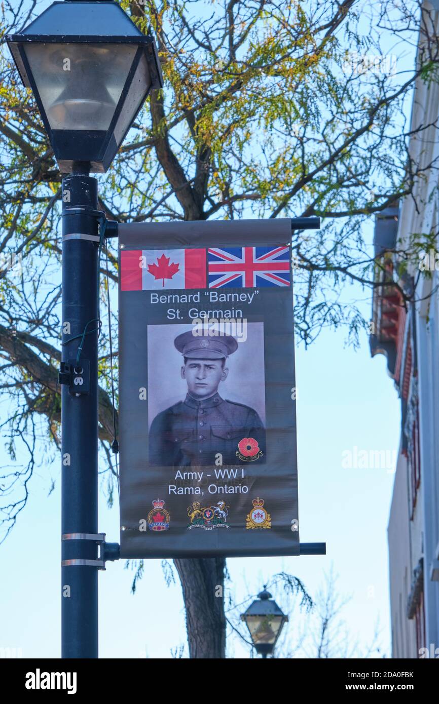 Part of a Rememberance Day display on Orillia Ontario Canada honouring locals who have fought in wars to maintain freedom. Stock Photo