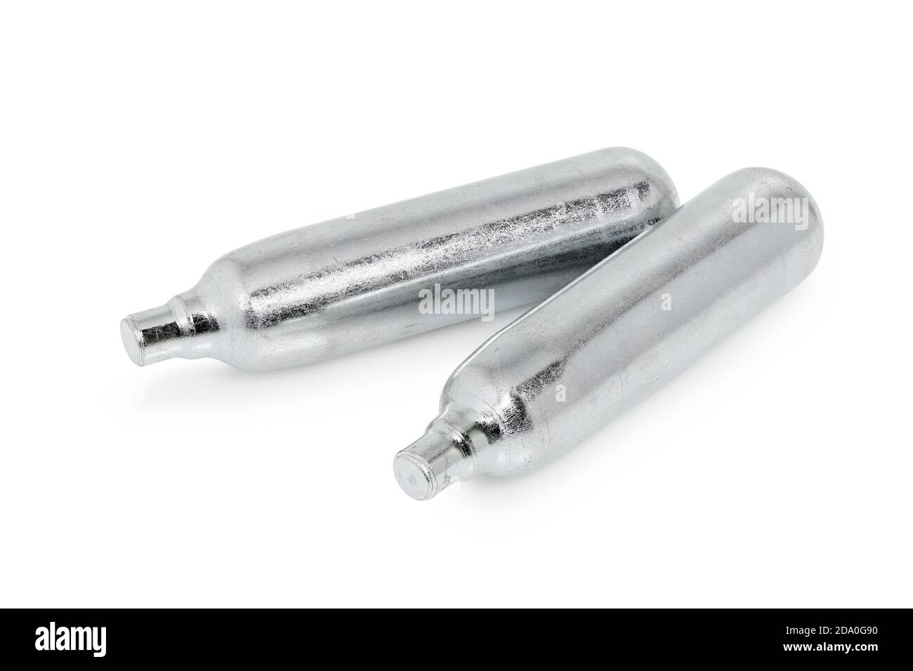 two co2 cartridges isolated on white, airsoft gun equipment Stock Photo