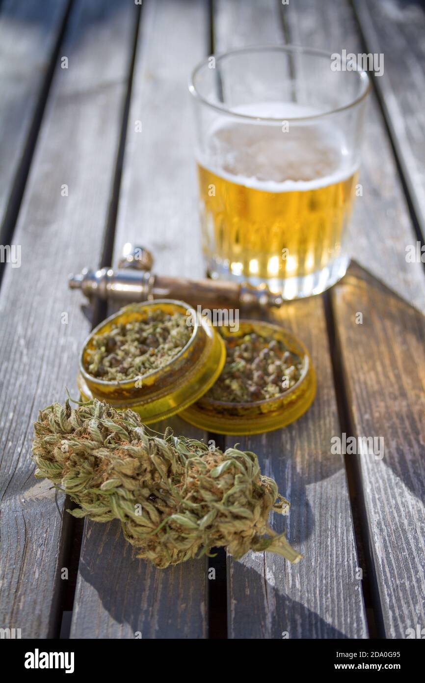 Table with marijuana grinder, marijuana bud, a smoking pipe and glass of beer in the background. Stock Photo