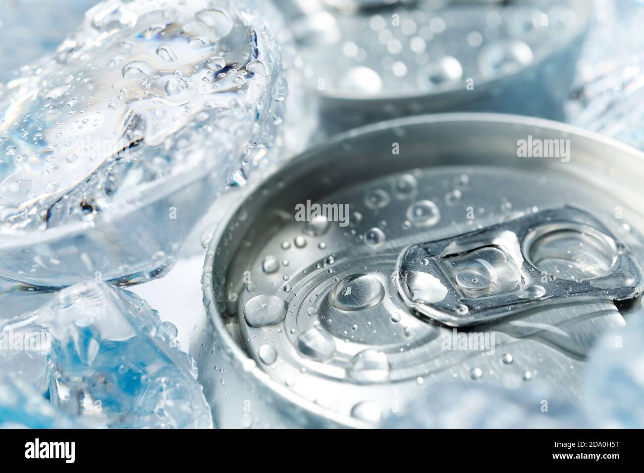 can of soft drink or beer with ice, top view and close up Stock Photo