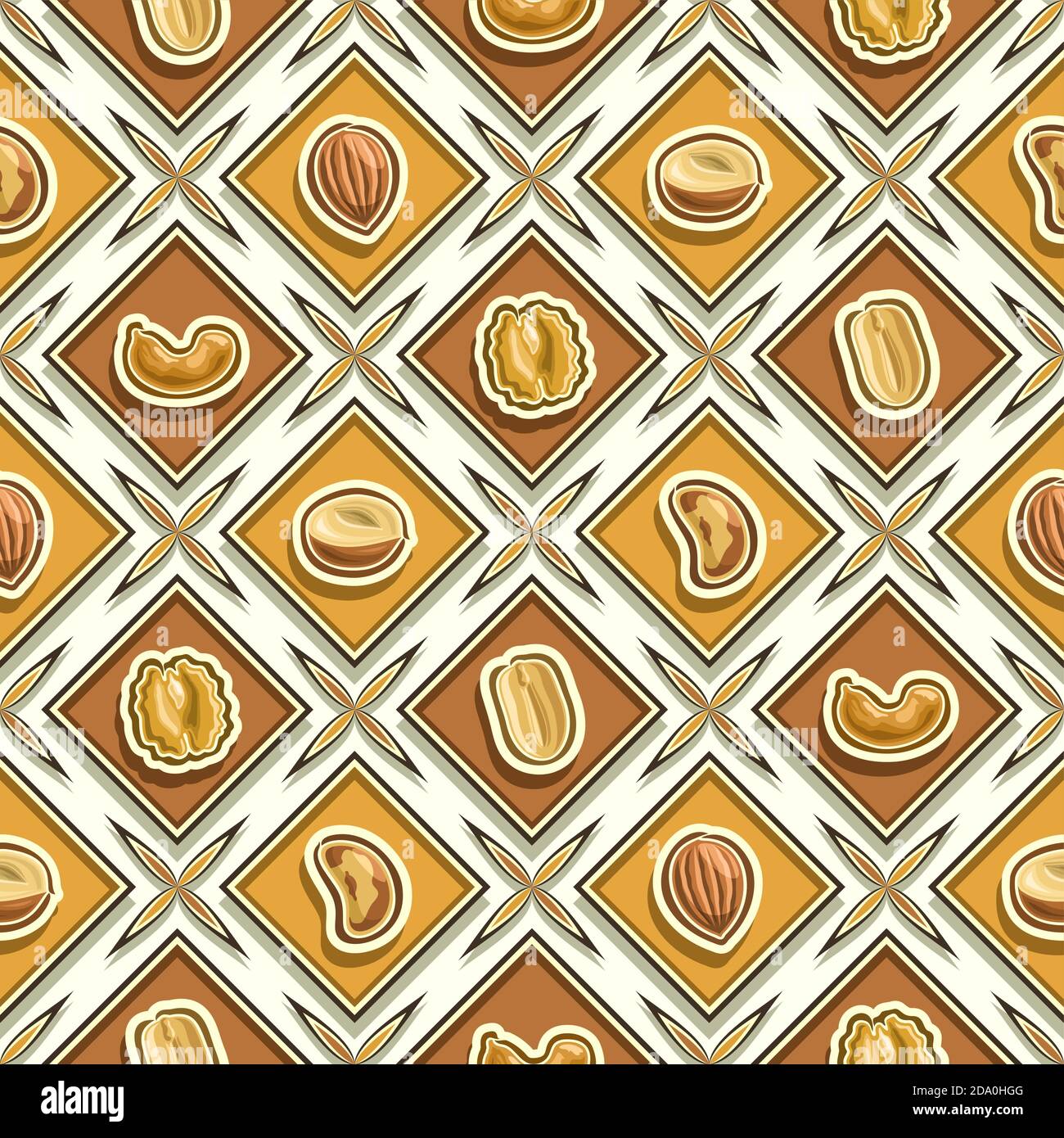 Vector Nut Seamless Pattern, square repeating nut background, isolated illustrations of exotic nuts on white background, diamond seamless pattern with Stock Vector