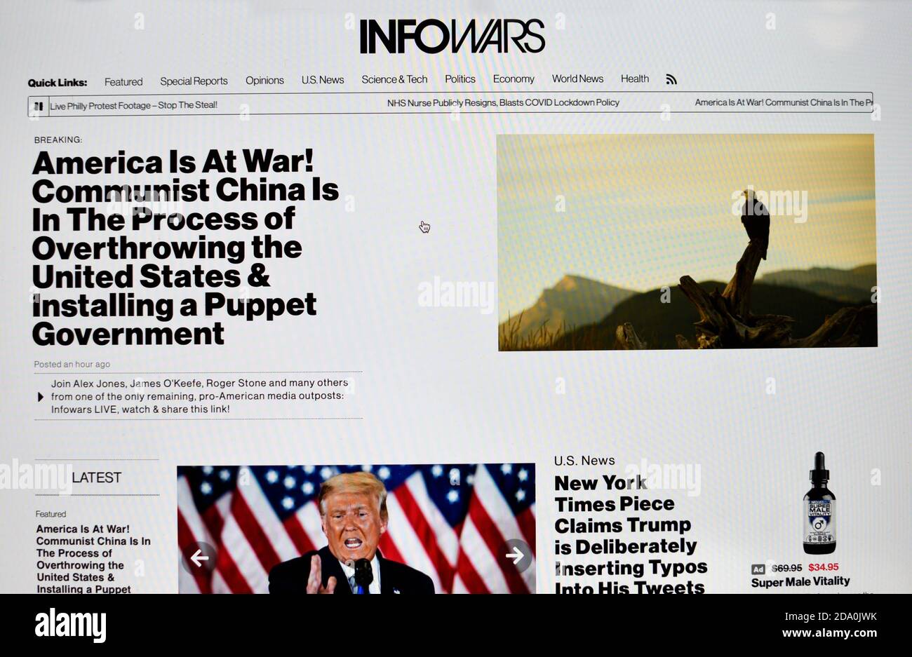 A computer screen shot of the InfoWars, a pro-Trump American far-right conspiracy theory and fake news website owned by Alex Jones. Stock Photo