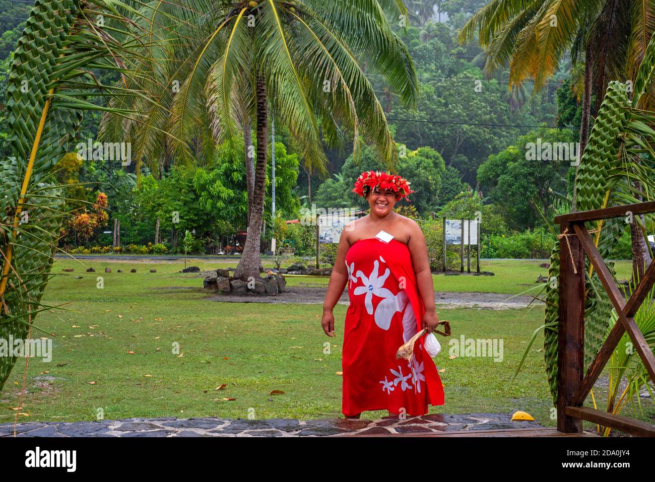 Archaeological site and Marae temple at Maeva, Huahine, Society Islands, French Polynesia, South Pacific. Stock Photo