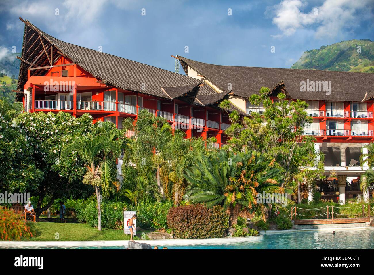Sunset in Le Meridien Hotel on the island of Tahiti, French Polynesia, Tahiti Nui, Society Islands, French Polynesia, South Pacific. Stock Photo