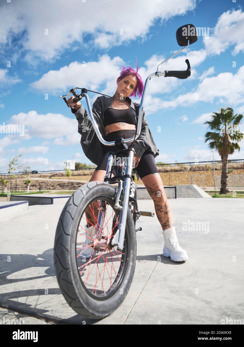 From below determined tattooed female in stylish outfit sitting on BMX  bicycle in skate park and looking at camera Stock Photo - Alamy