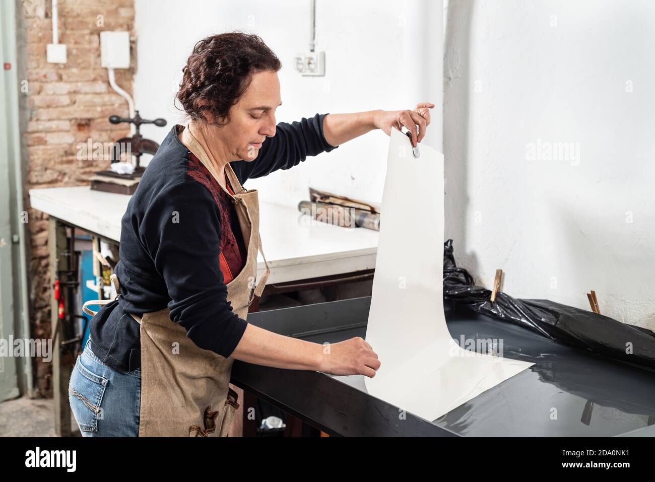 Side view of focused skilled middle aged female artist putting paper sheet on printing press while creating artwork in printmaking technique in profes Stock Photo