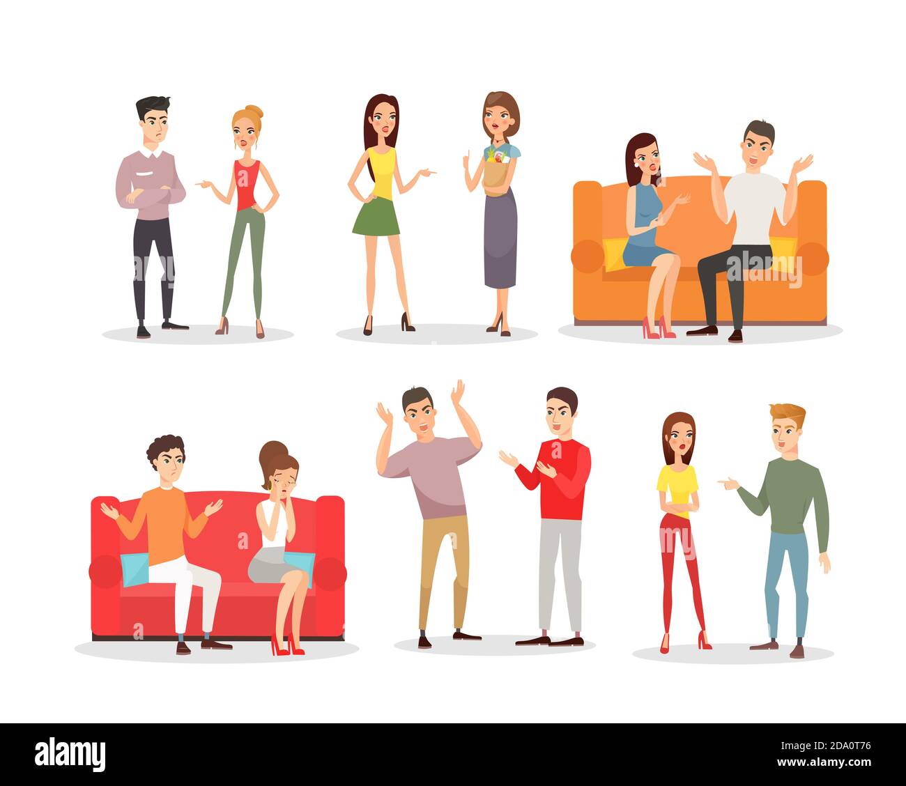 Vector illustration of angry people, screaming couples. Conflict and stress, sad characters in cartoon flat style. Angry people set on white Stock Vector