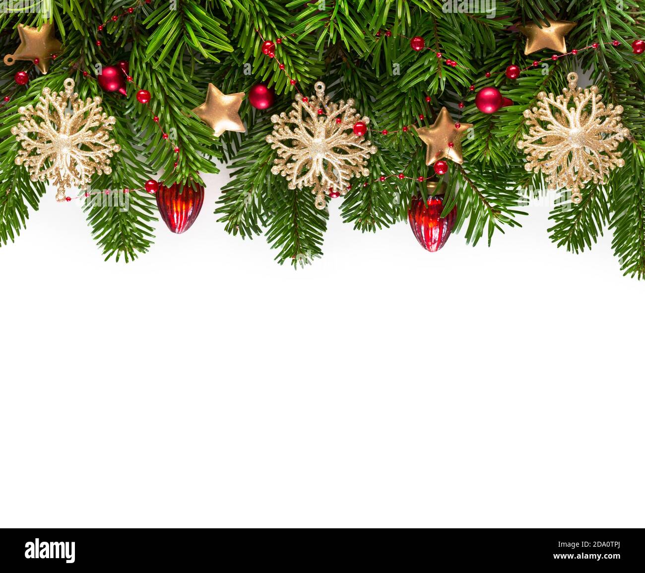 Christmas border with fir branches and baubles isolated on white ...