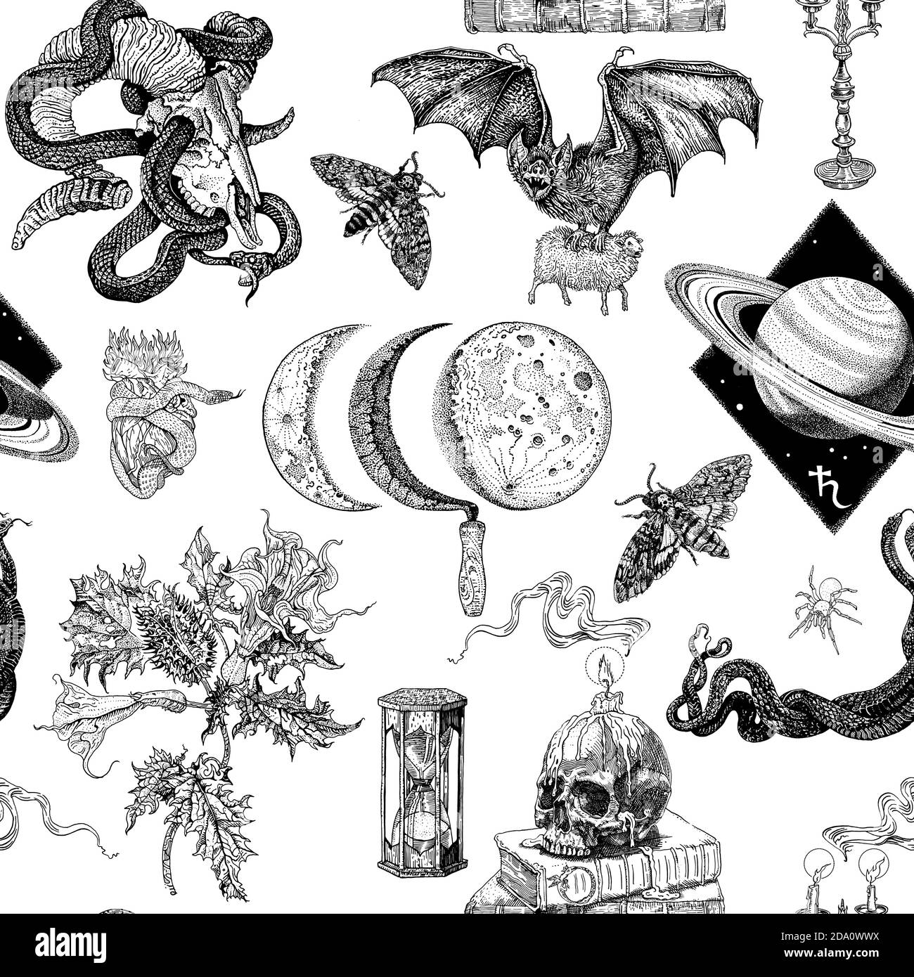 Black magic seamless pattern. Skulls, candles, flames, snakes, bat, moon, datura, saturn, hourglass. Hand drawn engraving tattoo style illustration. Stock Vector