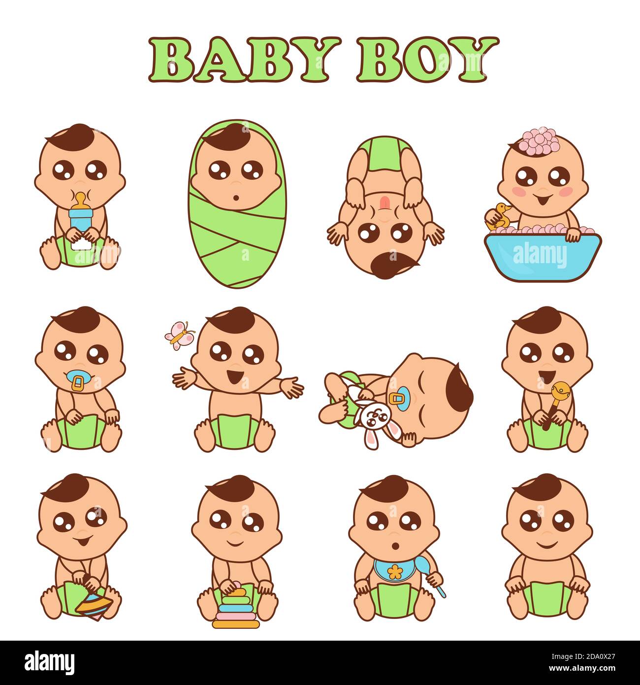 Baby boy set vector illustration. Cute boys in various poses and emotions in flat style. Stock Vector