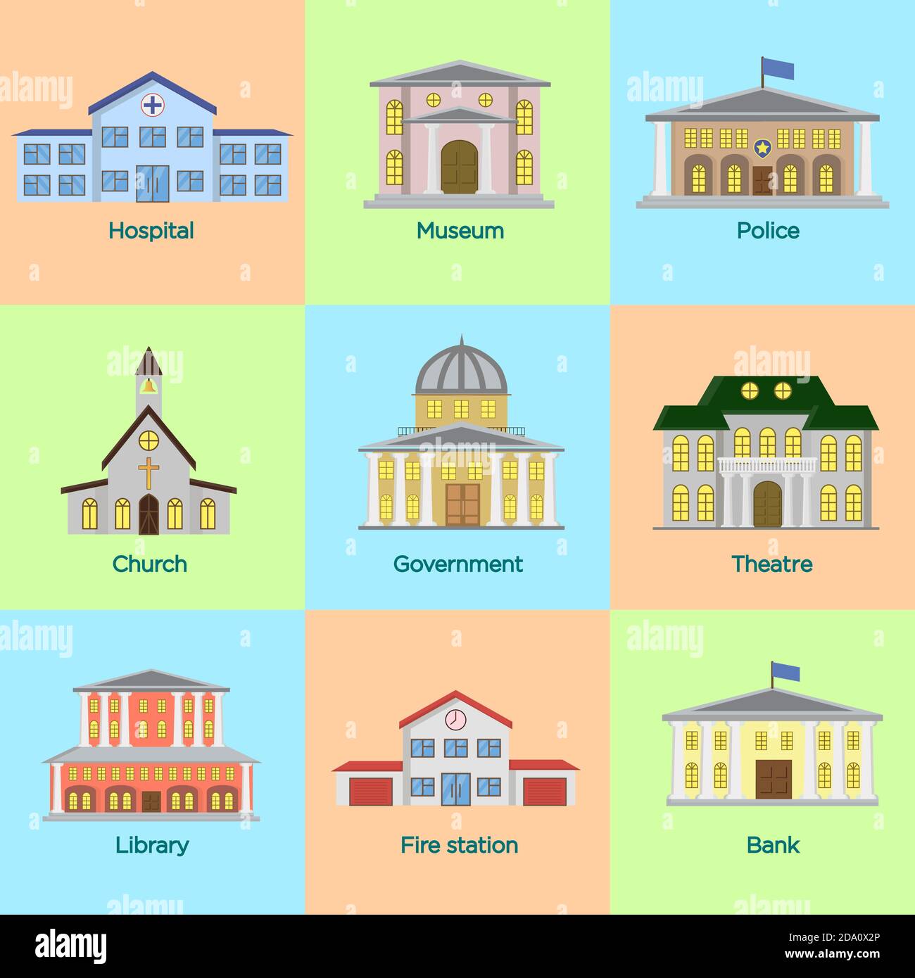 Vector illustration icons set of colorful public buildings in flat style. Stock Vector