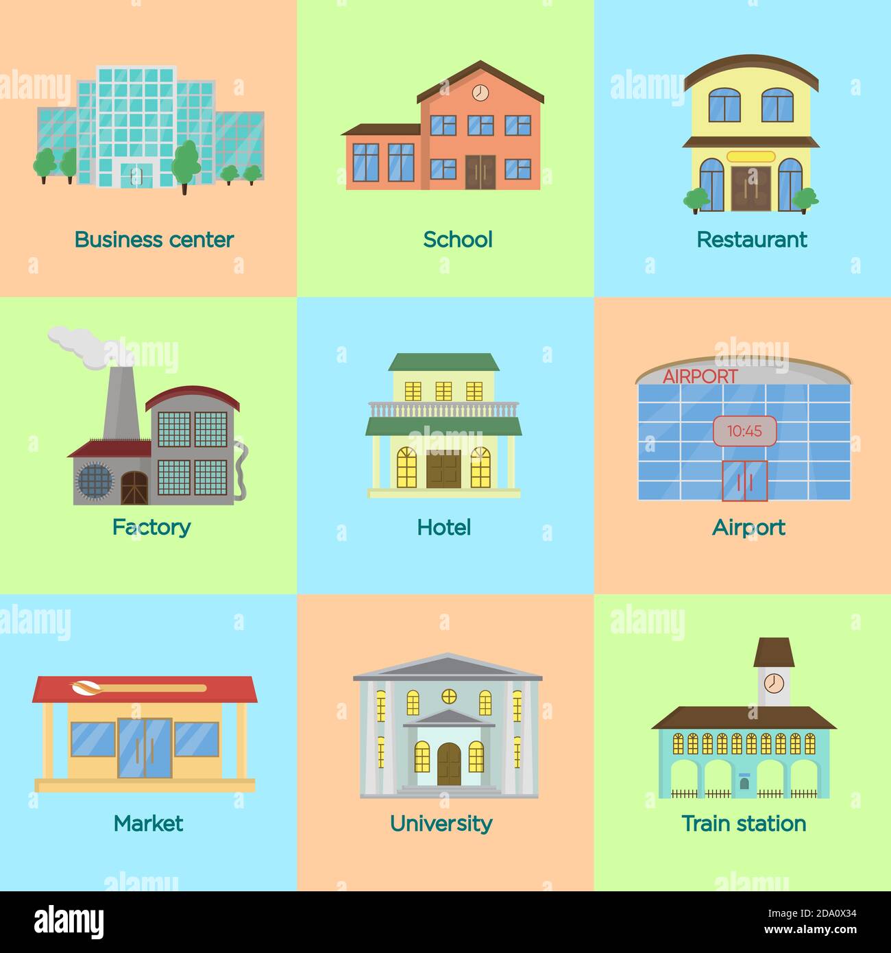 Flat style vector illustration icons set of colorful public buildings. Stock Vector