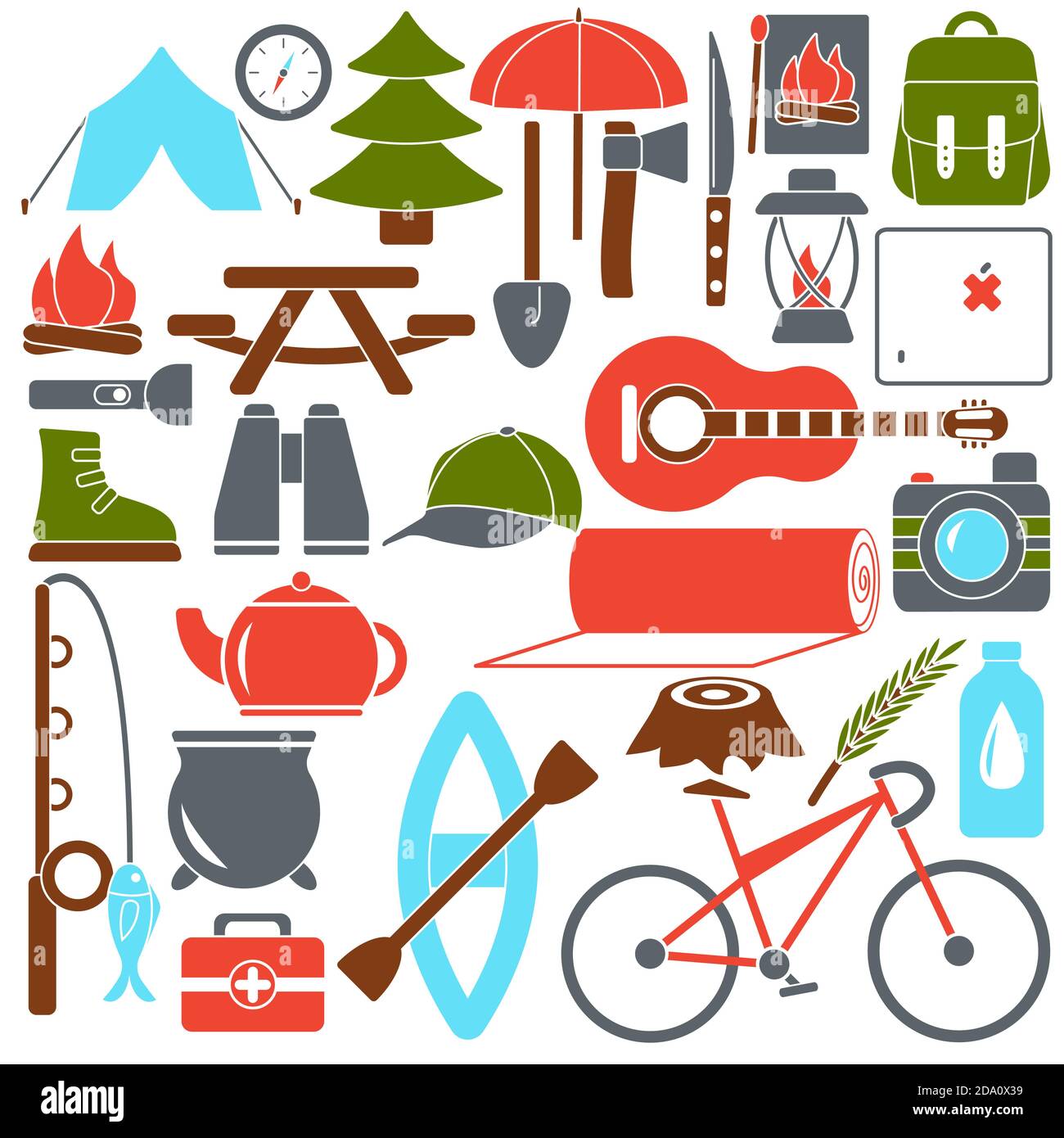 Set of Camping Equipment Icons in Cartoon Style. Camping Supplies