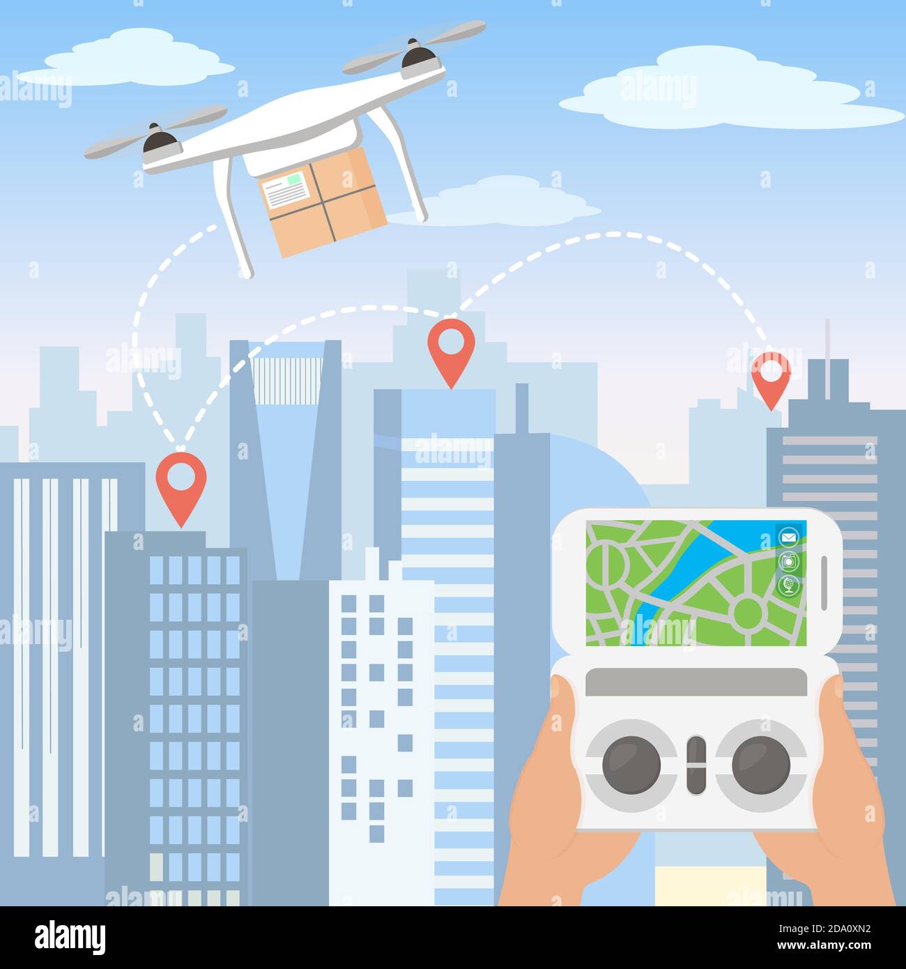 Vector illustration of hands launching delivery drone with package by smartphone in front of the skyline of a big modern city with skyscrapers in flat Stock Vector