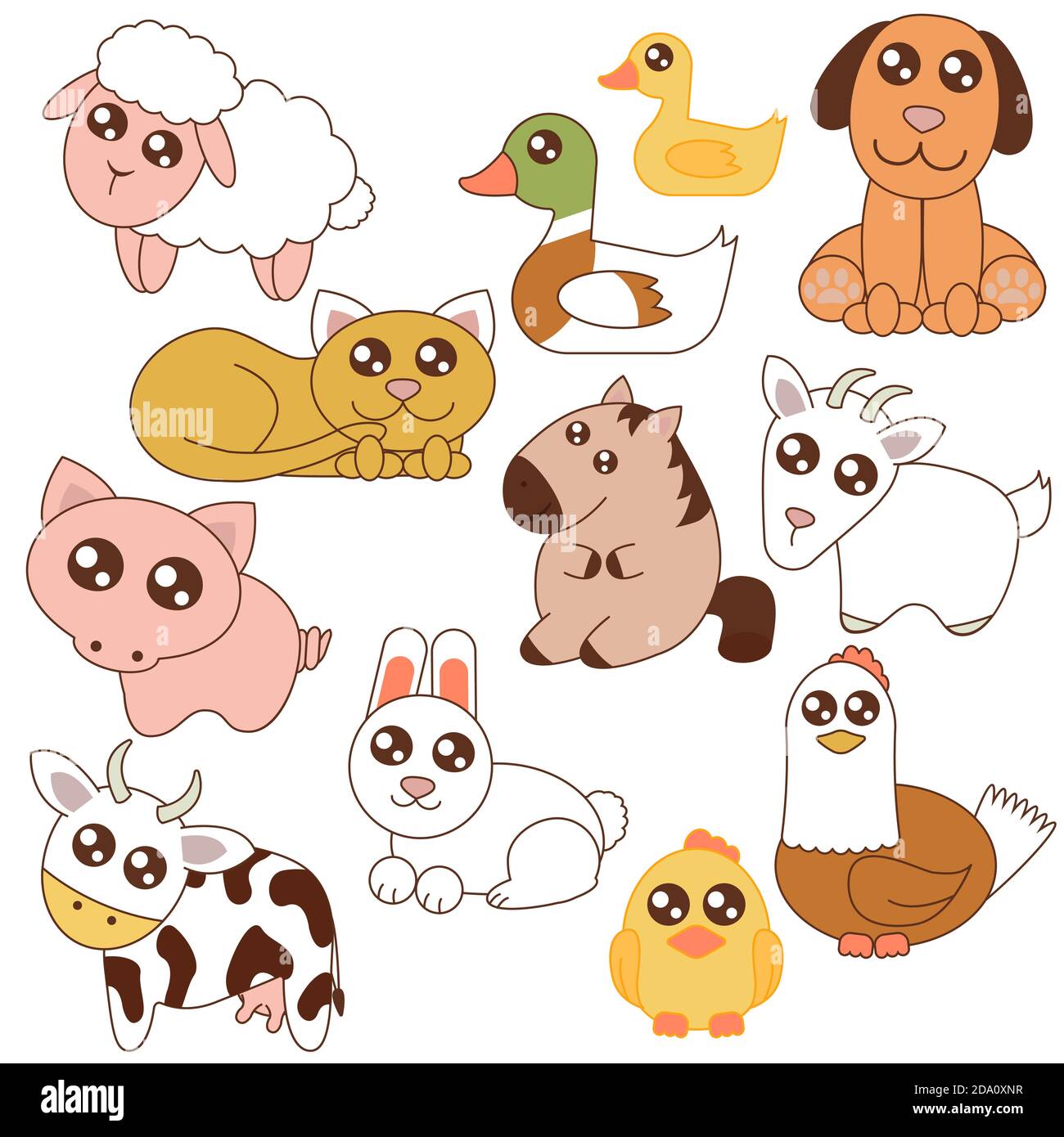 Vector illustration of cute farm animals set in cartoon flat style. Stock Vector