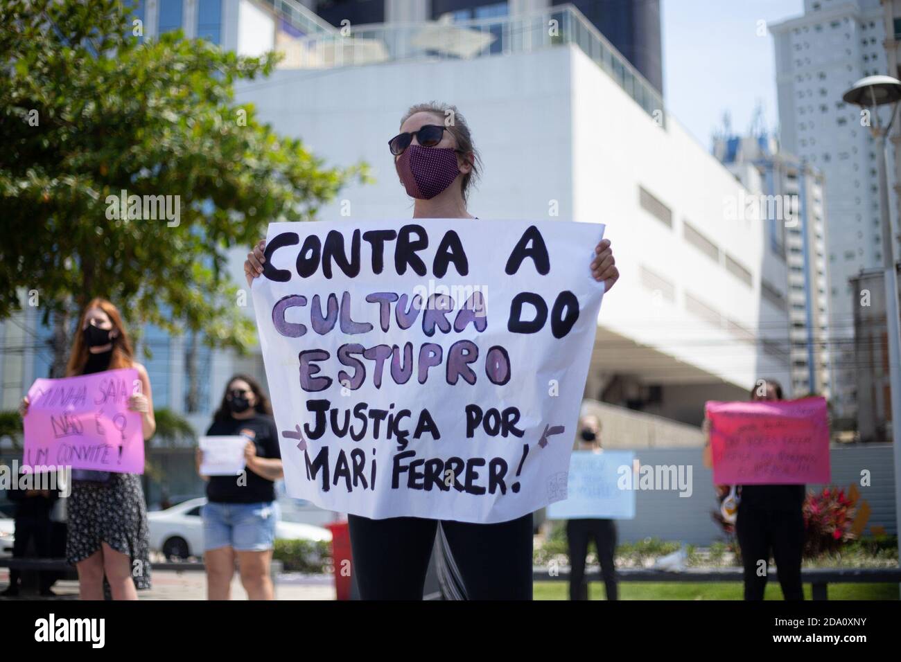 Balneario Camboriu, Santa Catarina. 8th Nov, 2020. (INT) Protest in defense of Mariana Ferrer . November 8, 2020, Camboriu, Santa Catarina, Brazil: Activists gather on the beach in Balneario Camboriu in Santa Catarina, to protest in defense of Mariana Ferrer, a model. Mariana Ferrer accuses businessman Andre de Camargo Aranha of raping her in December 2018, during a party at a beach club in Florianopolis. He was acquitted by the courts.Credit: Matheus Pe/Thenews2 Credit: Matheus Pe/TheNEWS2/ZUMA Wire/Alamy Live News Stock Photo
