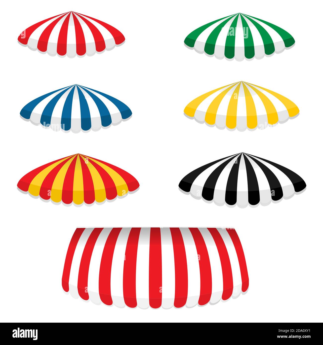 Striped colorful awnings set round shape for shops, cafes and street restaurants, isolated on white background.Vector cartoon illustration. Stock Vector