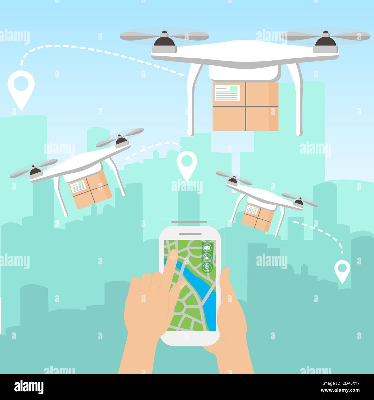 Vector illustration of hands launching few delivery drones with packages by smartphone in front of the skyline of a big modern city with skyscrapers Stock Vector