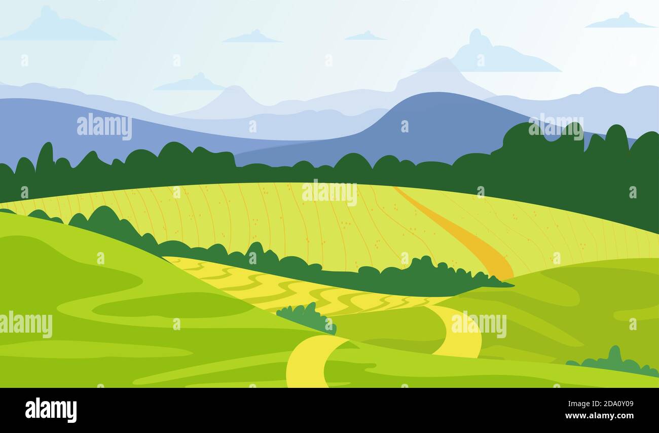 Vector illustration green landscape background with yellow fields and ...