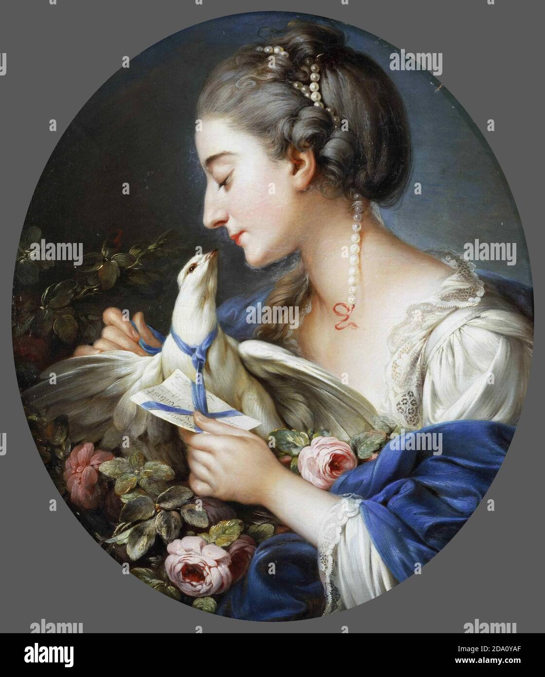Attributed to Johann Christian von Mannlich, German (active Paris), 1741-1822 -- Young Woman Fastening a Letter to the Neck of a Pigeon. Stock Photo