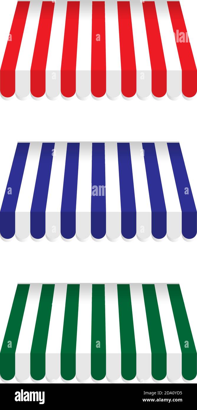 Striped colorful awnings set for shops, cafes and street restaurants, isolated on white background. Outside canopy from the sun. Vector cartoon Stock Vector