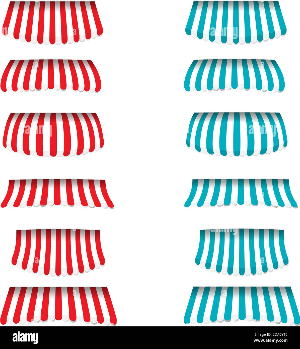 Striped red, blue, white awnings set various shape for shops, cafes and street restaurants, isolated on white background. Vector cartoon illustration. Stock Vector