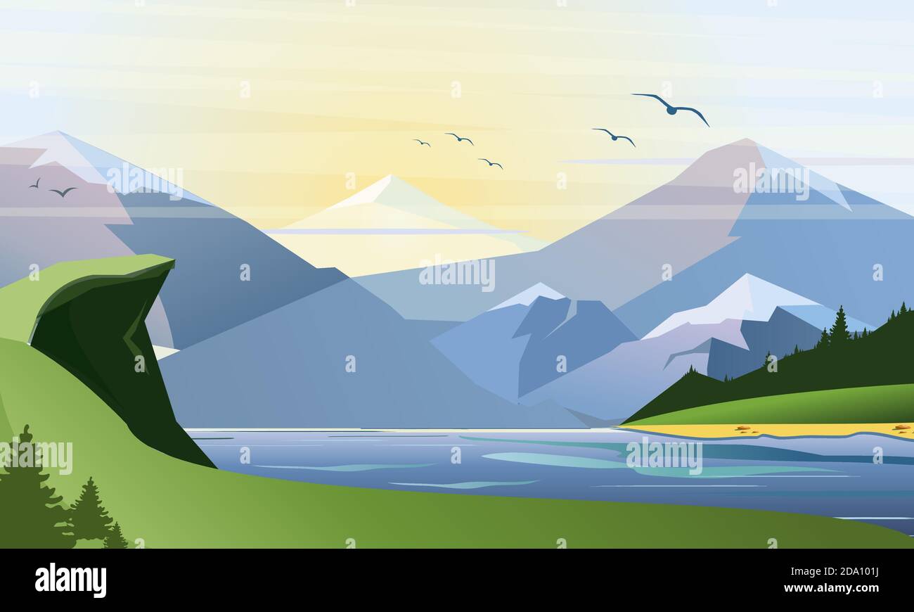 Vector flat illustration of nature background with grass, lake forest, mountains and hills. Outdoor activities. Stock Vector