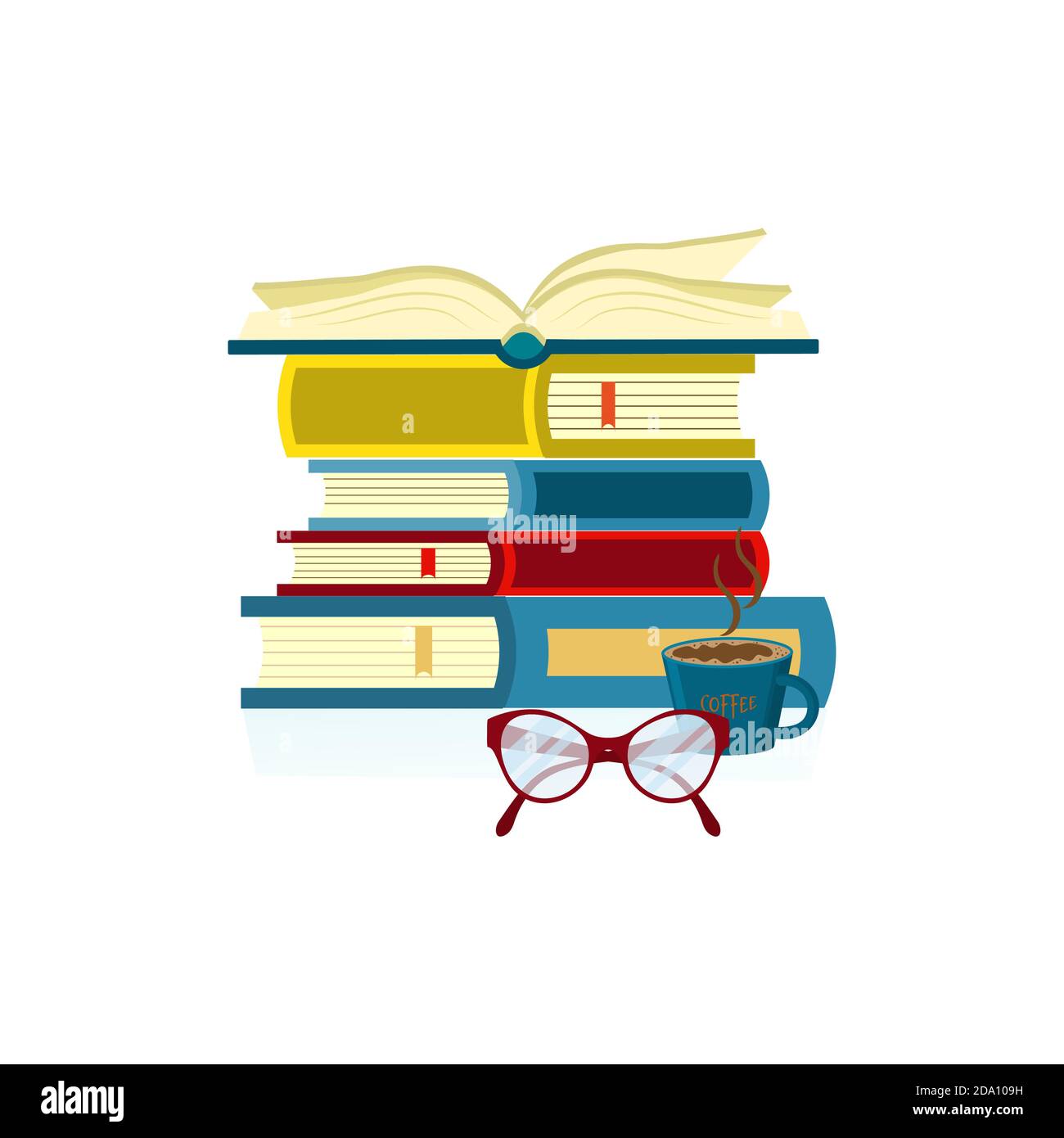 Open book on stack of books, near glasses and cup with coffee, isolated on white background. Knowledge, education, studying concept. Vector flat Stock Vector