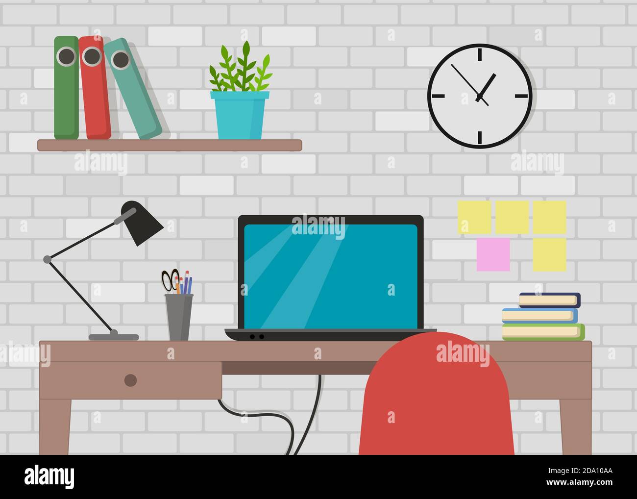 Vector illustration in flat style interior of working place with computer, lamp, to do list, working programs on monitor, organizer, shelf, books on Stock Vector