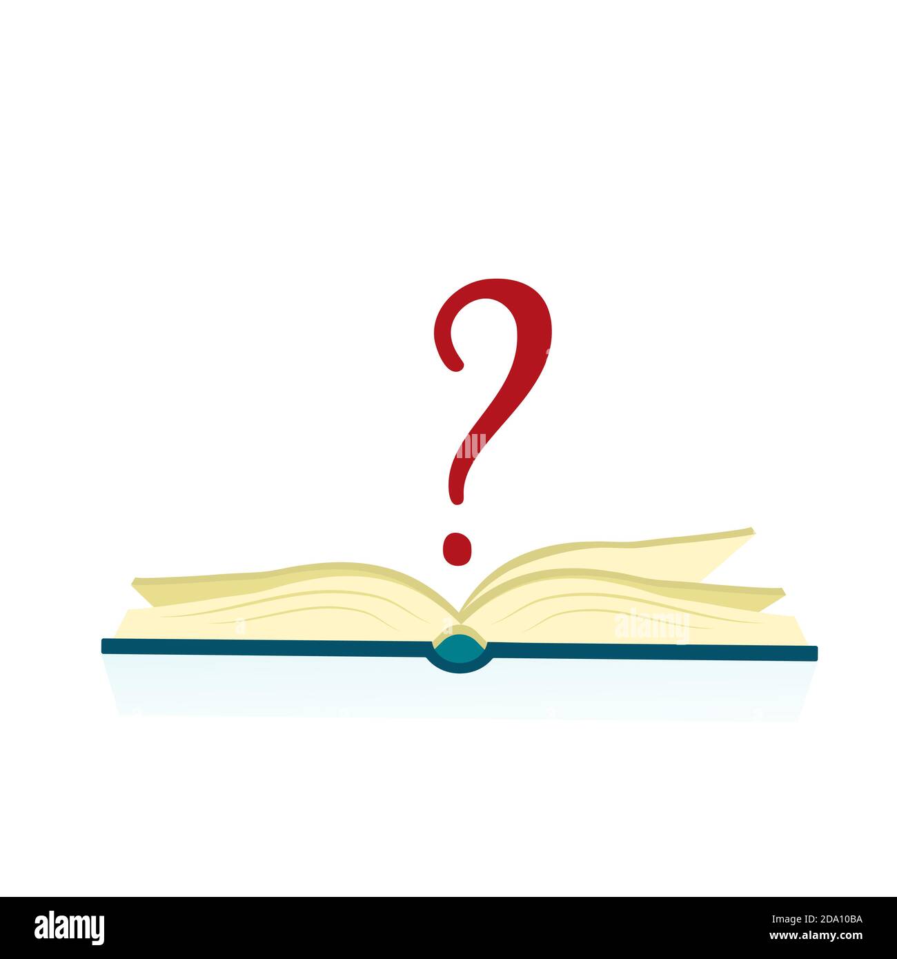 Open book with red question mark, isolated on white background. Knowledge, education, studying concept. Vector flat illustration. Stock Vector