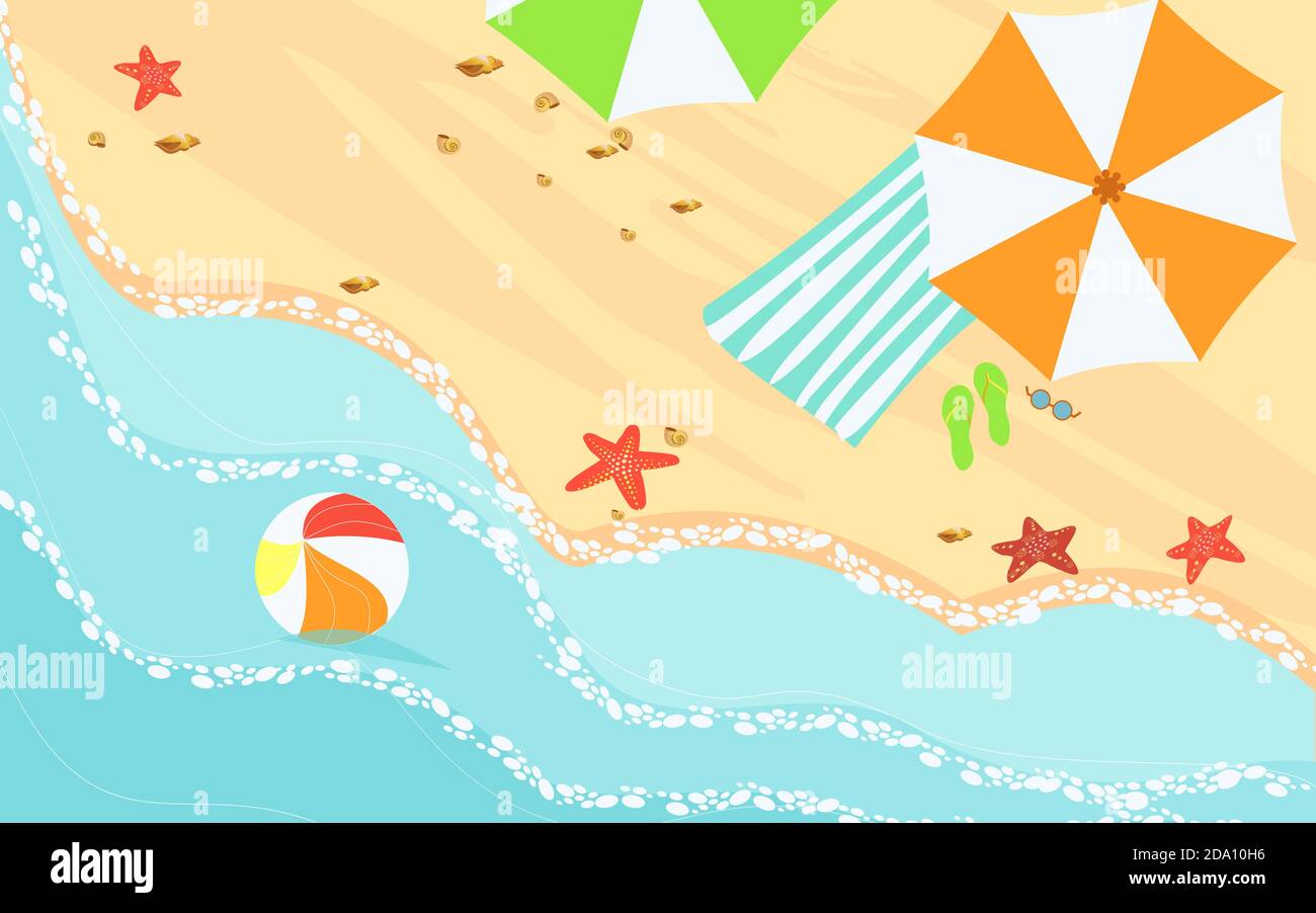 Vector illustration of top view on beach, sand, towel, umbrellas, slippers and ball on the blue ocean water. Summer illustration in cartoon flat style Stock Vector