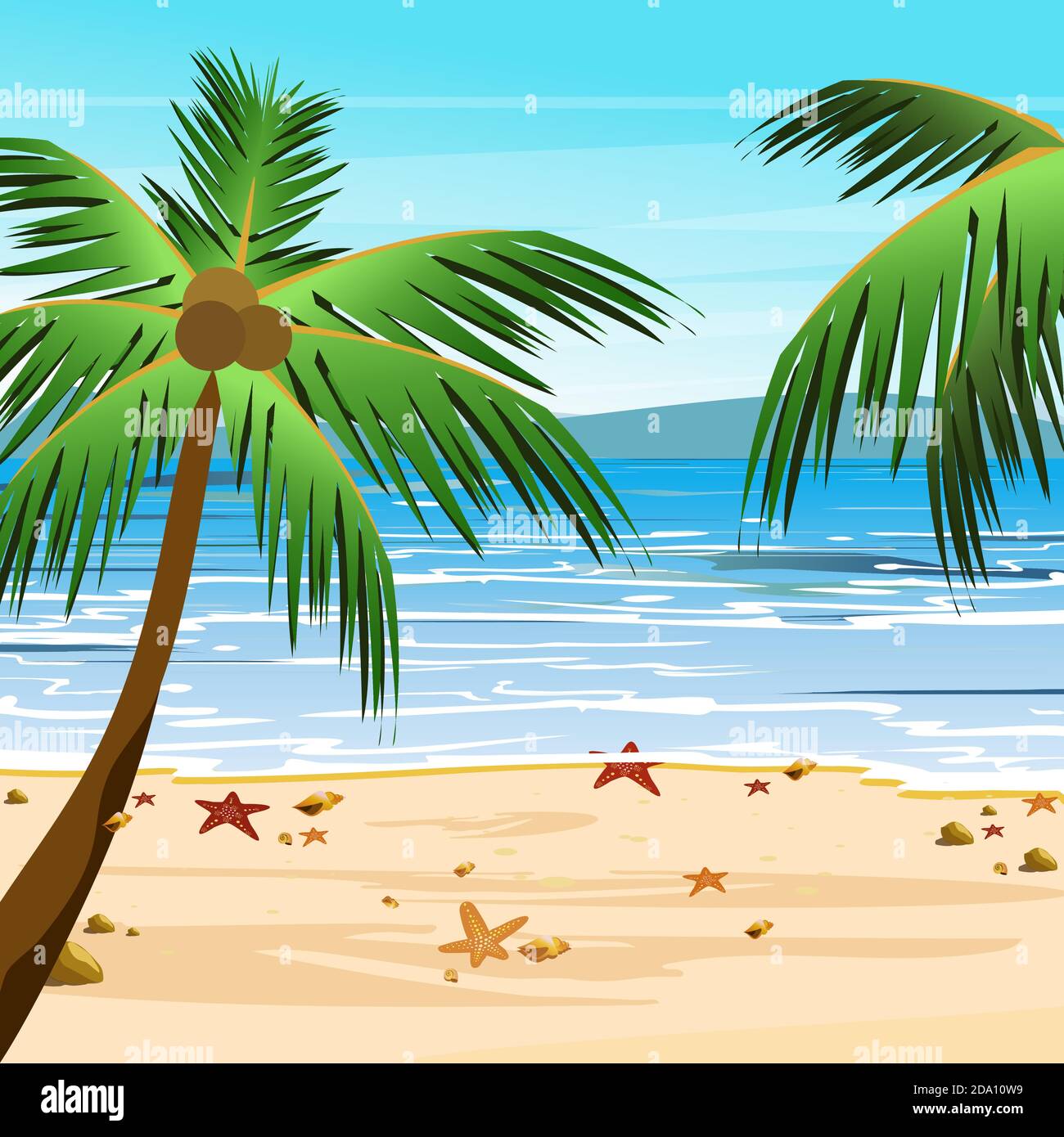 Vector illustration of beach with palms, sand, blue ocean water and sky. Summer tropical view in cartoon flat style. Stock Vector