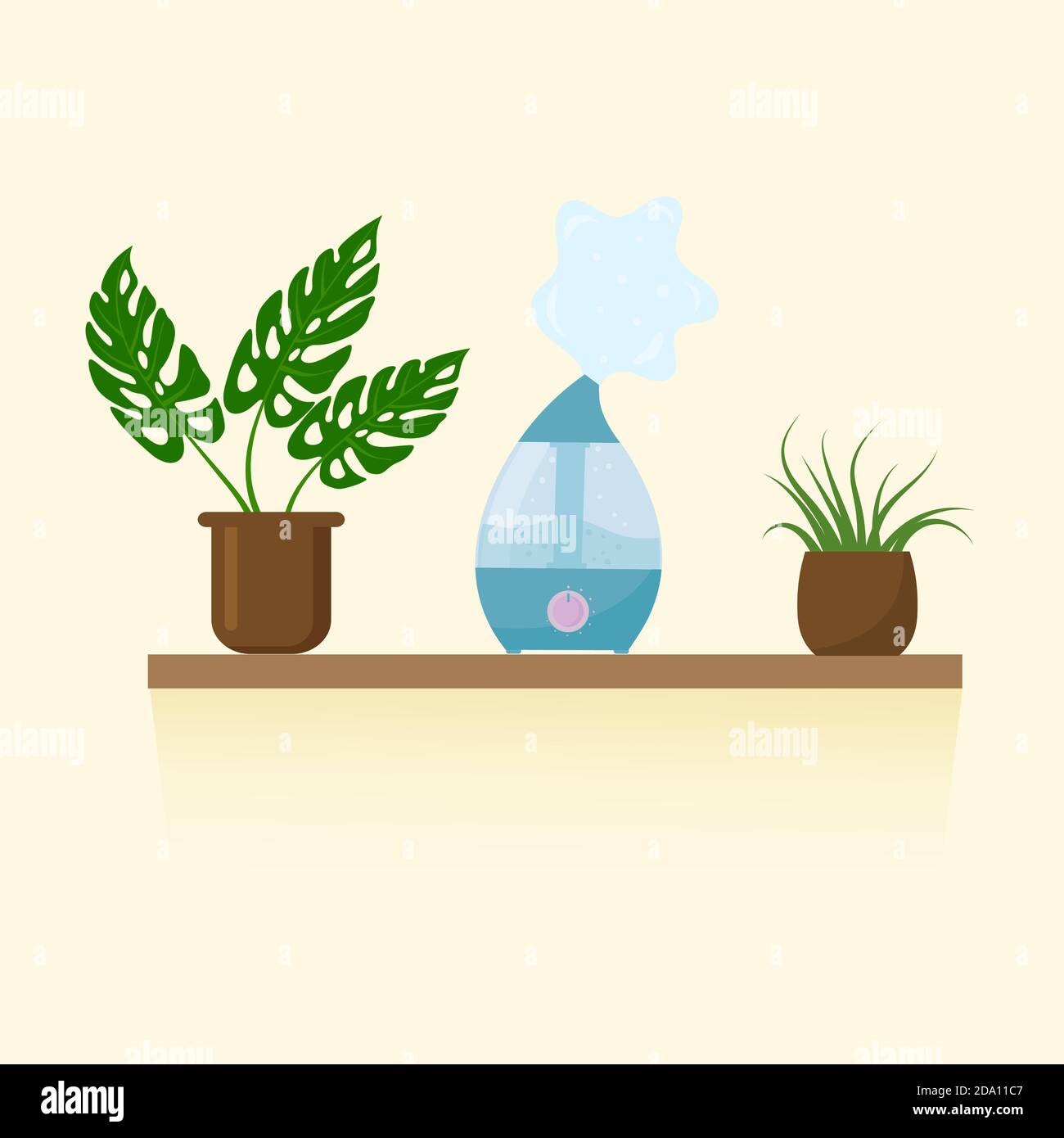 Humidifier air diffuser and houseplants on the shelf. Purifier microclimate ultrasonic home concept, healthy humidity. Vector flat illustration. Stock Vector