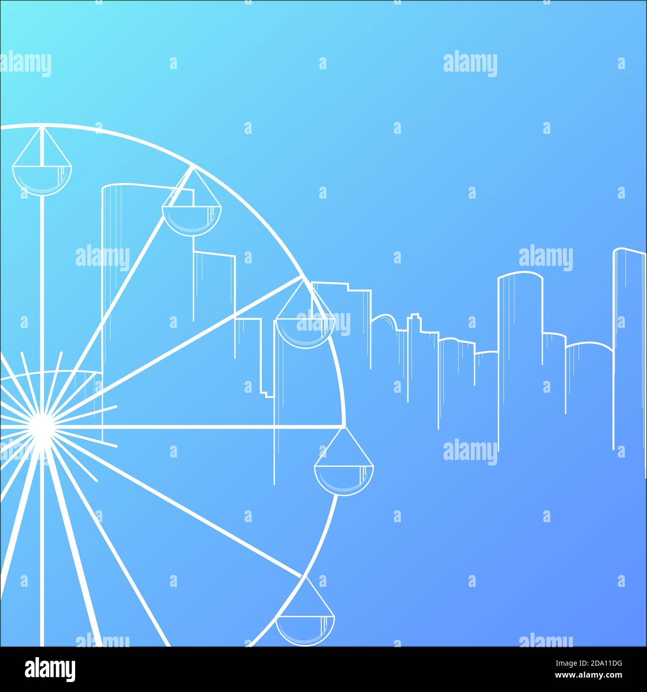 Modern city skyline background flat style vector illustration. Buildings cityscape with ferris wheel. Stock Vector