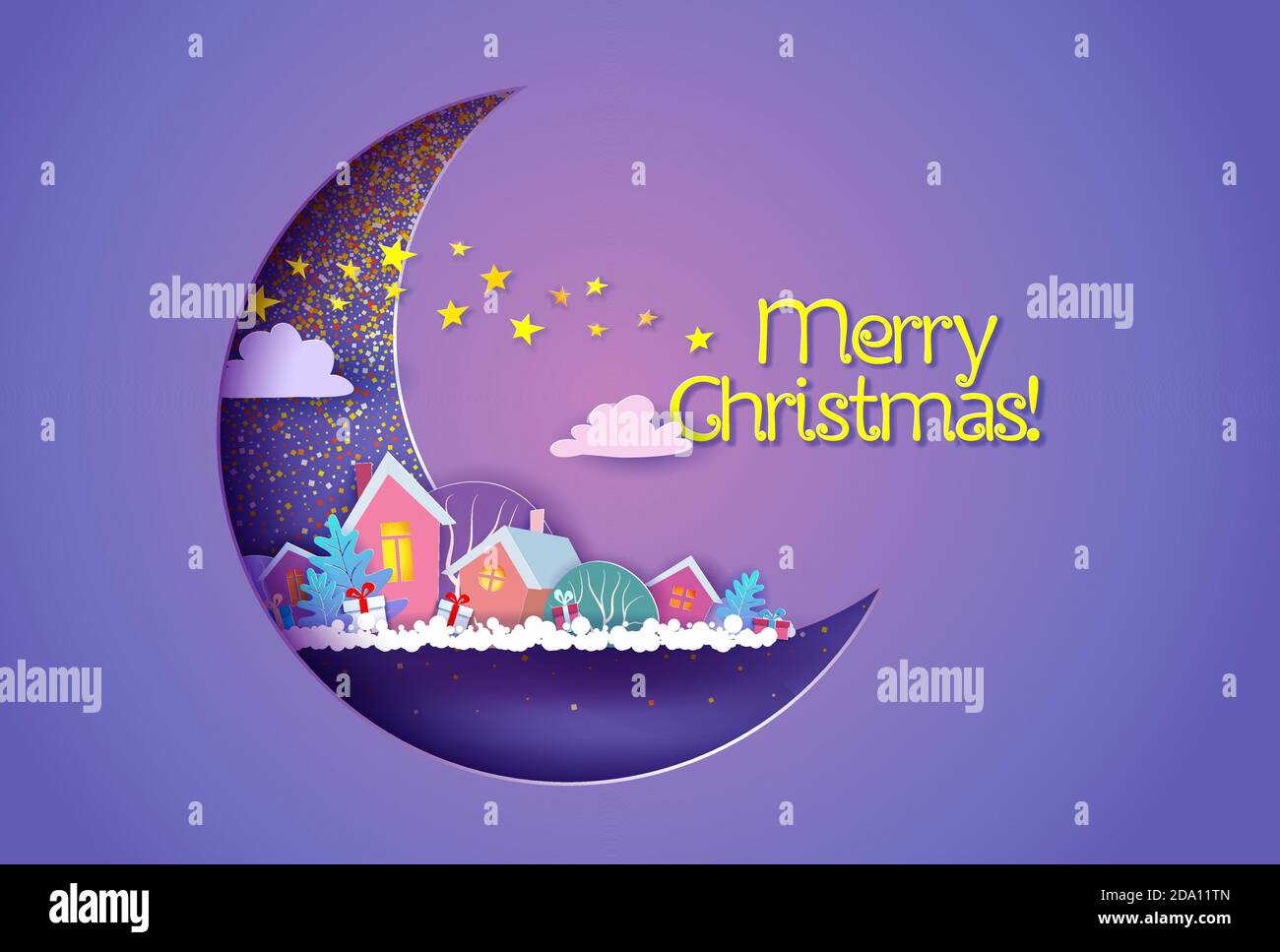 Funny winter village at the night inside of crescent moon. Merry Christmas card. Paper cut art. Vector illustration Stock Vector