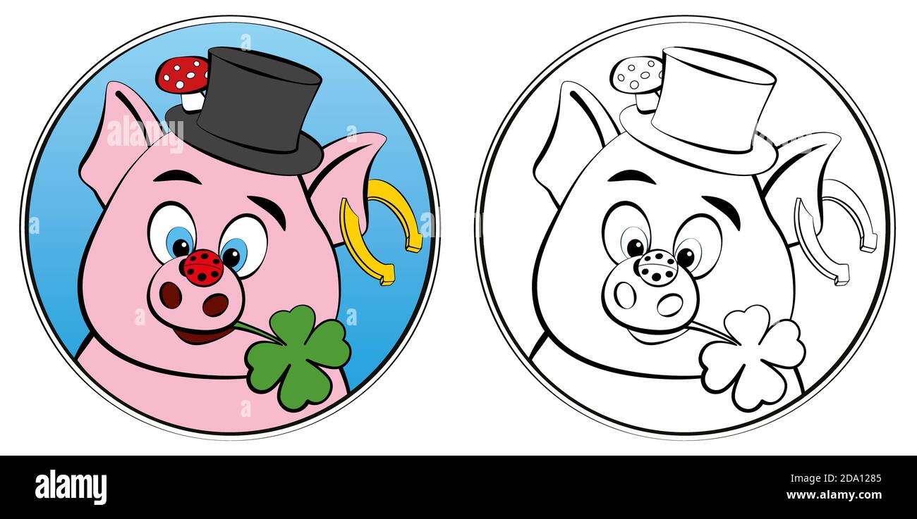 New Years Eve coloring sheet with lucky symbols for children. Pig, clover, ladybug, horseshoe, toadstool and cylinder in round frame to be colored. Stock Photo